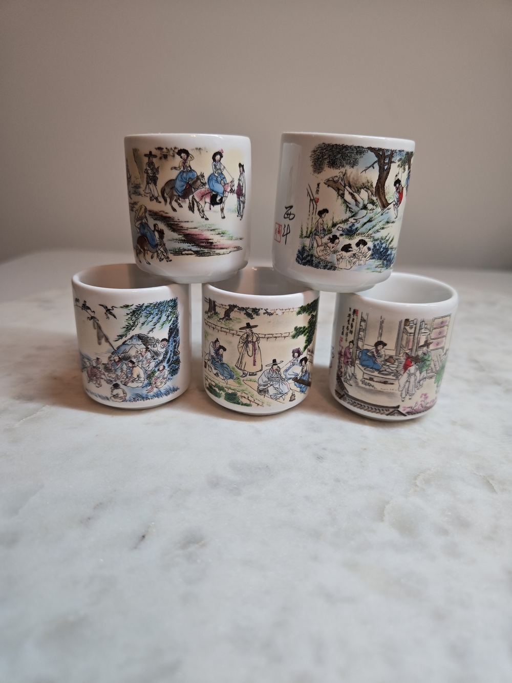 Set of 5 Sake Cups with Scenic Artwork